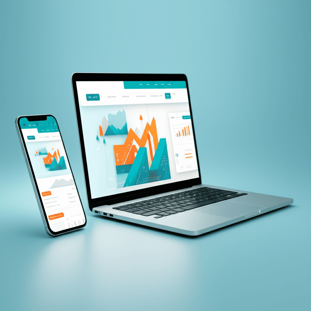 Modern website design for Florida small businesses shown on laptop and phone with teal and orange graphics